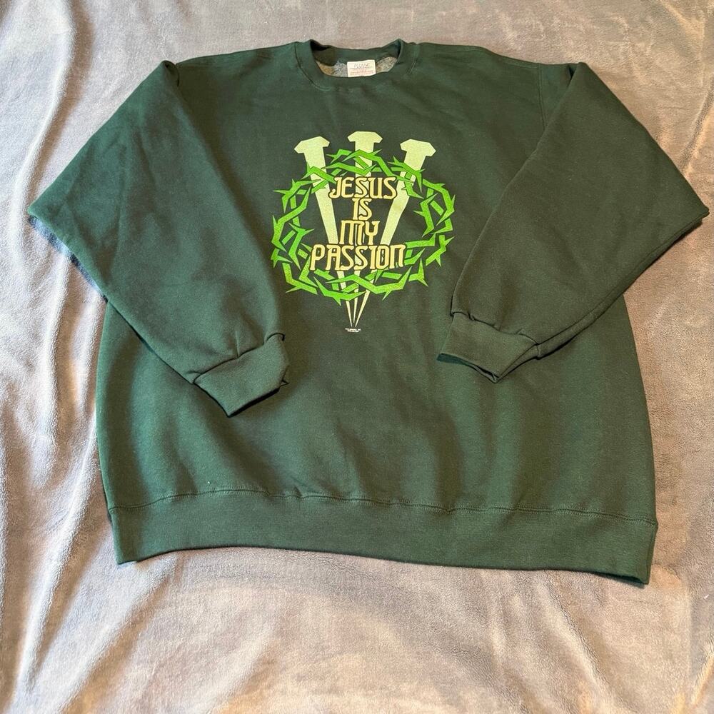 Vintage 90s Pluma Heavyweight Fleece Jesus Is My Passion Green Sweatshirt 2XL